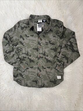 NWT Cotton On Kids Superman Olive Green Camo Button-Down Shirt size 13-14